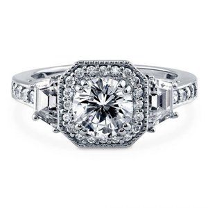 Sterling Silver Round CZ Halo Art Deco Ring 1.9 CT